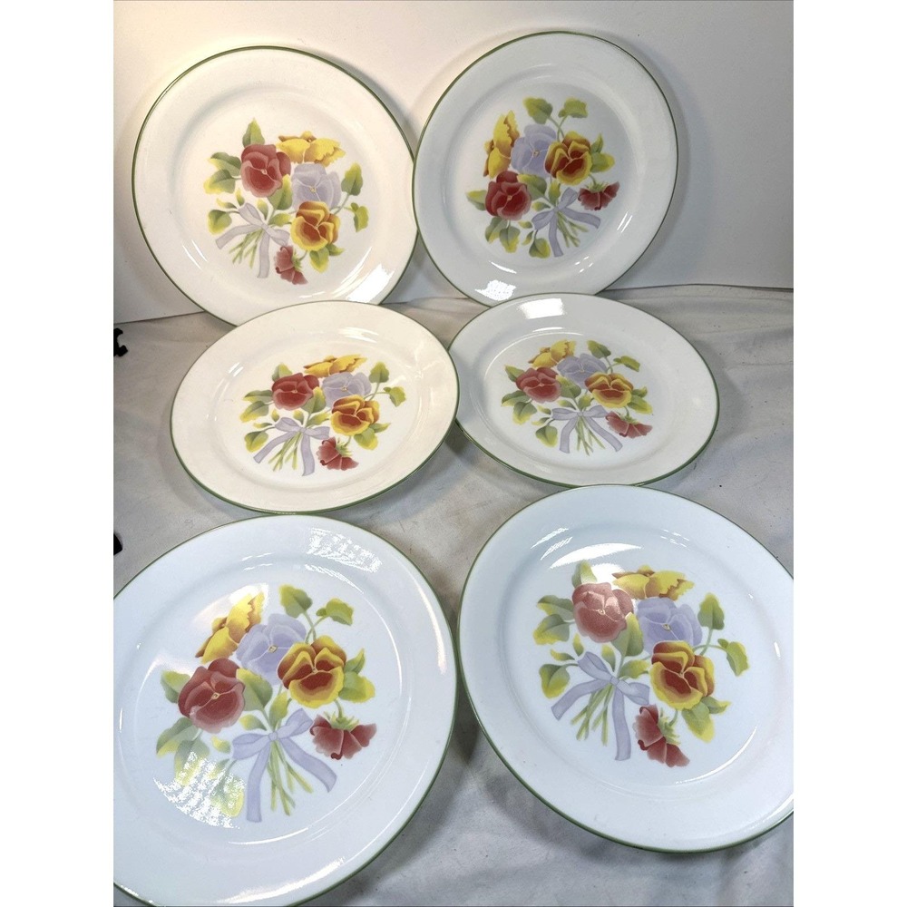 Corelle Summer Blush 9" Lunch Plates Set of 6 Pansy Bouquet Green Rim USA